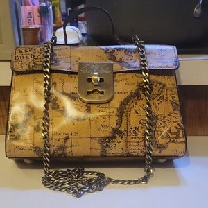 Vintage Map Print Handbag with Chain Strap